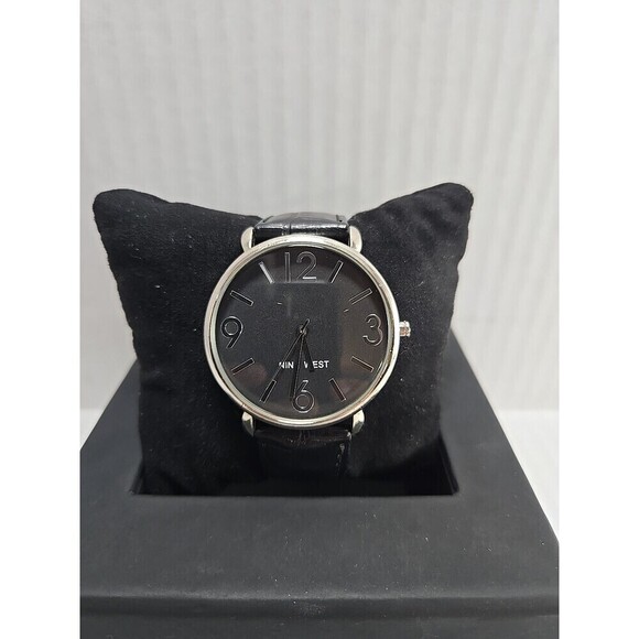Nine West Accessories - Womens Nine West Silver Tone Gray Watch Black Leather 40mm NW/1559 New Battery